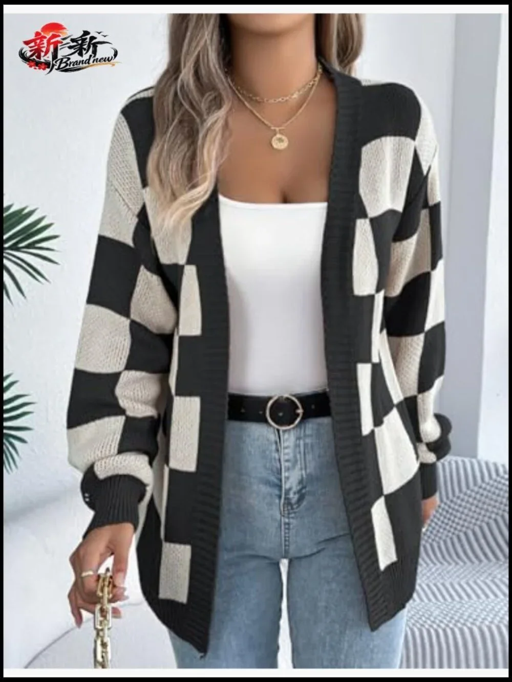 Checkered Oversized Knit Cardigan Long Sleeve V-Neck Lantern Sleeve - Picture 2 of 5